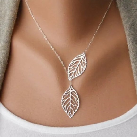 Jewelry - Beautiful Silver Double‎ Leaf Stranded Necklace, Fashion Jewelry Woman's, Gift